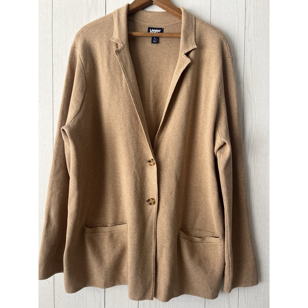 Lands End Womens L 14-16 Cotton Knit Blazer Sweater Tan Beige Cardigan Jacket